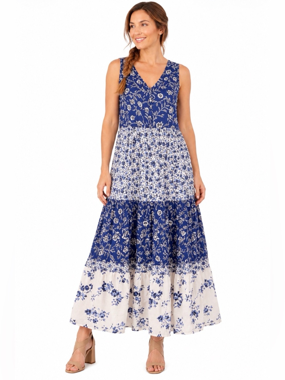 J.Jill, Blue & White Floral Patchwork Cotton Maxi Dress, Size L Petite EUC
